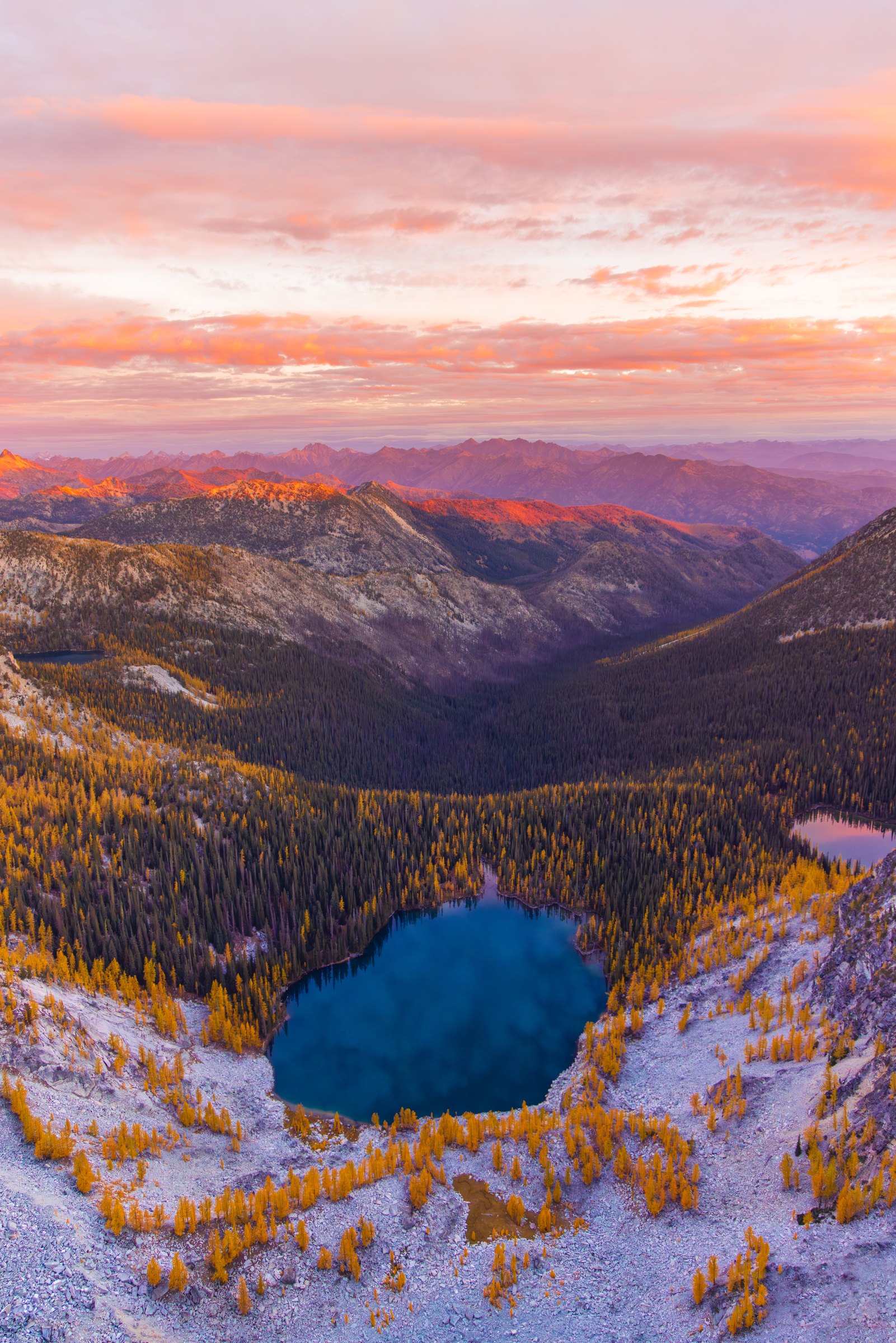 Golden larches around an alpine lake in Washington at sunset