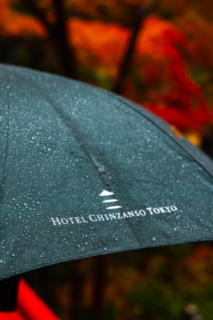 Rain-speckled Hotel Chinzanso branded umbrella